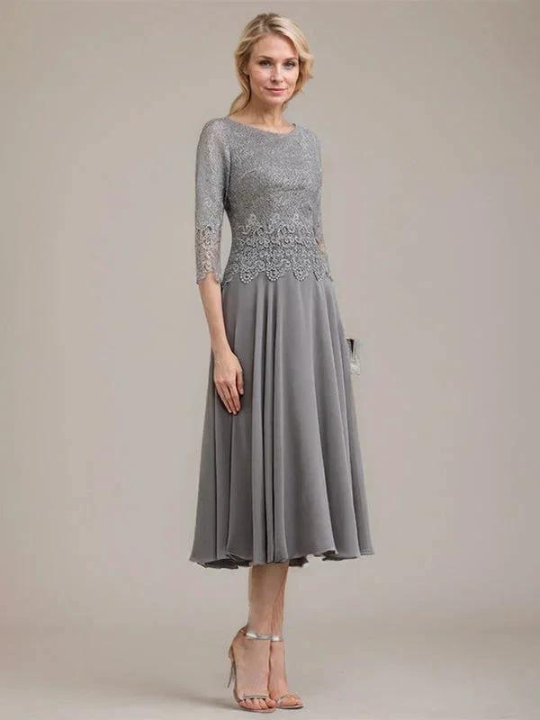 A-line Scoop Tea-Length Lace Chiffon Mother of the Bride Dress