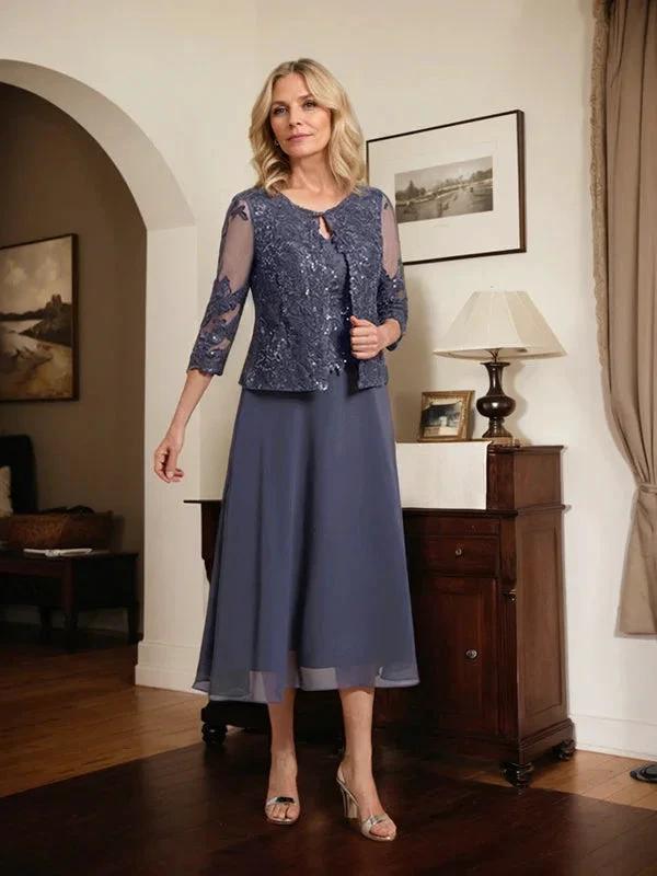A-line Scoop Tea-Length Lace Chiffon Mother of the Bride Dress With Sequins