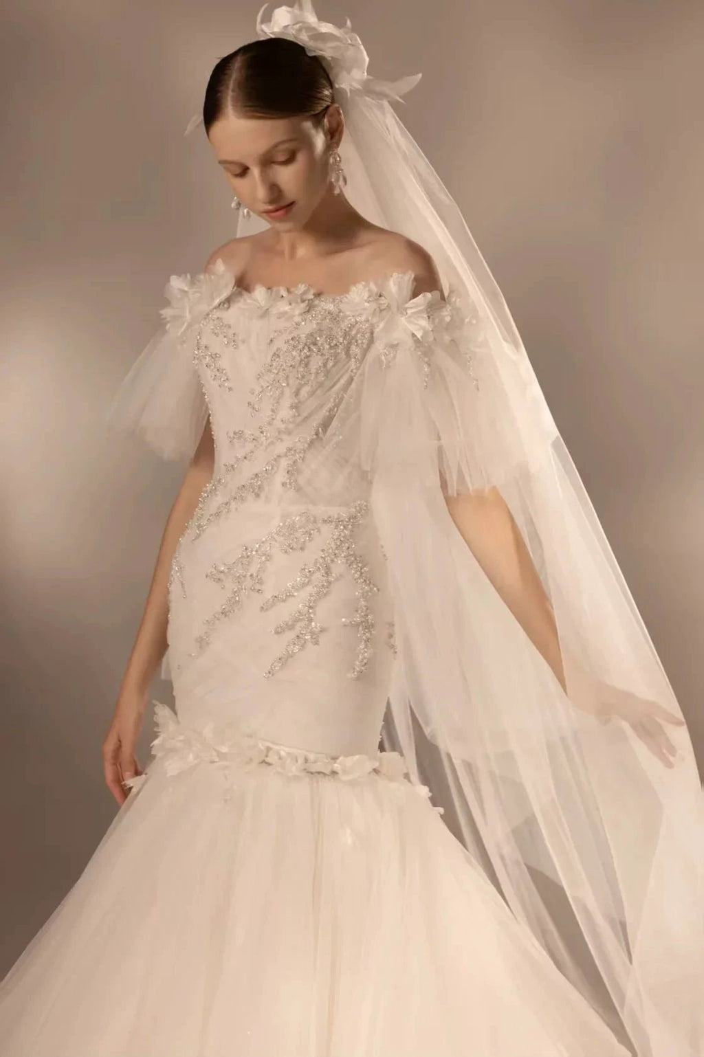 Ethereal Mermaid Off-the-Shoulder Tulle Wedding Dress with Beaded Embroidery & 3D Floral Accents H011