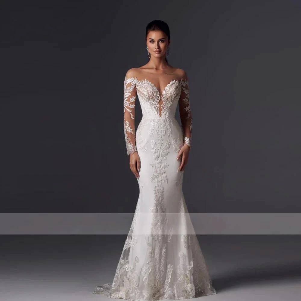 Loverxu Mermaid Vintage Wedding Dresses 2023 Sweetheart Long Sleeve Vestido De Novia Appliques Detachable Train Robe De Mariee