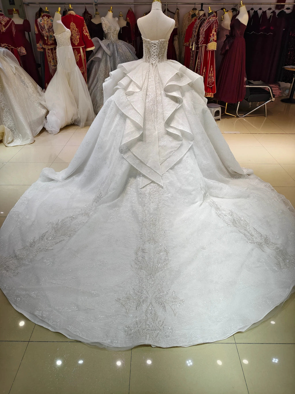 White Gleam Strapless Ballgown Beaded Bust & Ruffled Train
