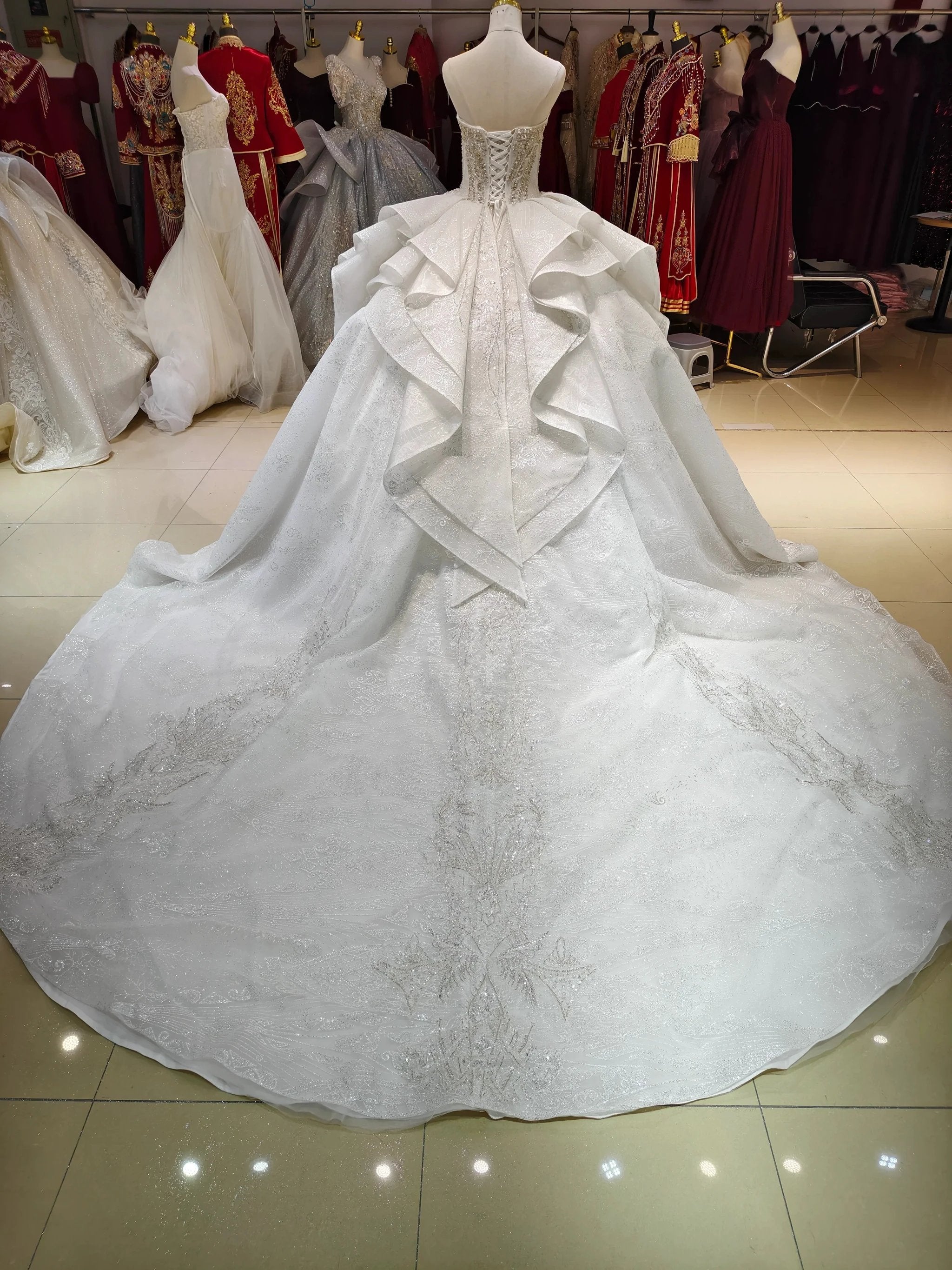 White Gleam Strapless Ballgown Beaded Bust & Ruffled Train