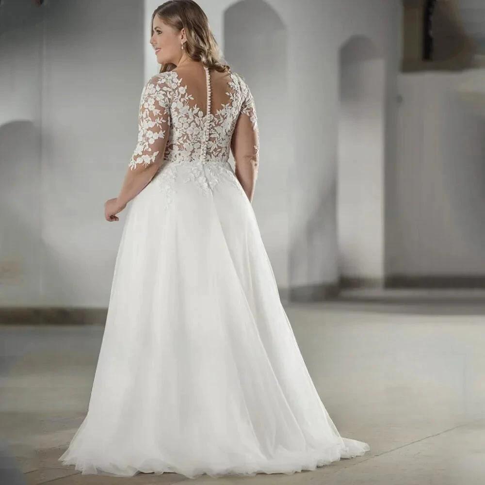Elegant White V-neck Half Sleeve Bridal Gown Lace Applique Plus Size Floor-Length Wedding Dress for Women vestidos de novia