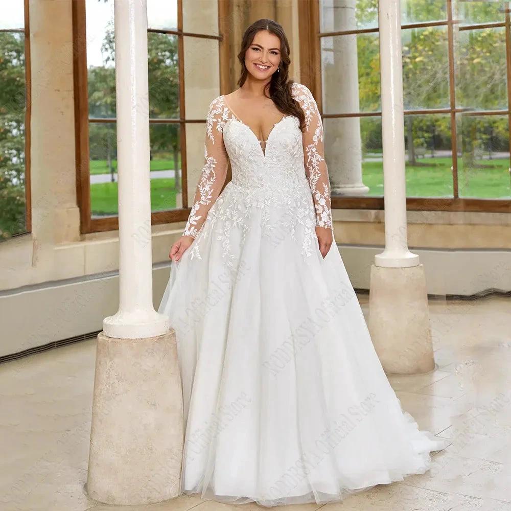 Pastrol Wedding Dresses Plus Size Long Sleeves Lace Up Bride Gowns Applique A-Line Tulle V-Neck vestido de noiva