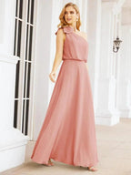 Numbersea Chiffon Ruffled One Shoulder Sleeveless Long Bride Dresses A-line Formal Evening Gown Side Split 28057