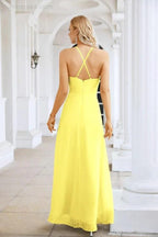 Ladies Chiffon Spaghetti Strap V Neck Front Slit Floor Length Bridesmaid Evening Dress Prom Party Wedding Evening Dress 28116