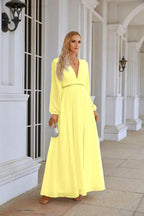 Ladies V Neck Chiffon Long Sleeve Front Slit Bridesmaid Evening Dress Wedding Party Shopping Evening Dress 28109