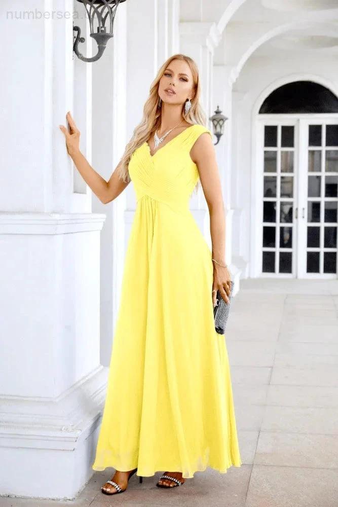 Ladies Chiffon V Neck Sleeveless Floor Length Bridesmaid Evening Dress Wedding Party Evening Dress 28126