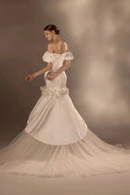 Gorgeous Long Mermaid Off-the-Shoulder Puff Sleeve Satin Wedding Dress with 3D Flower & Lace-Up Back & Tulle Train Q6012