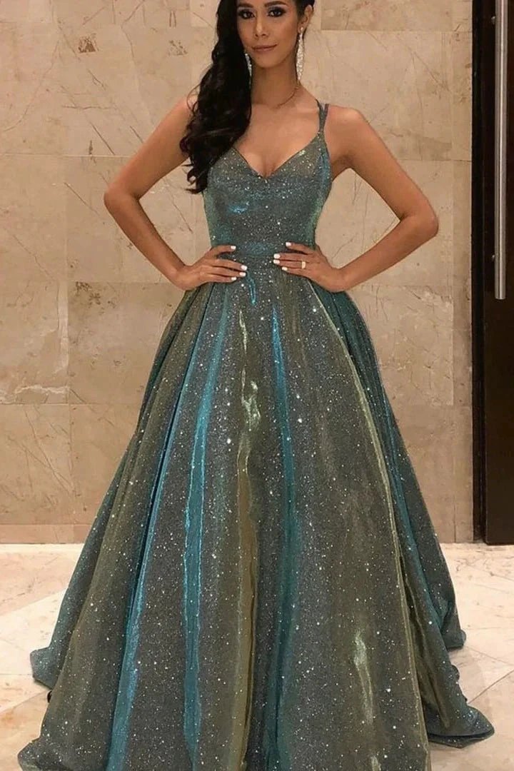 Shimmering Long A-line Spaghetti Straps Sleeveless V-Neck Sequins Prom Dress