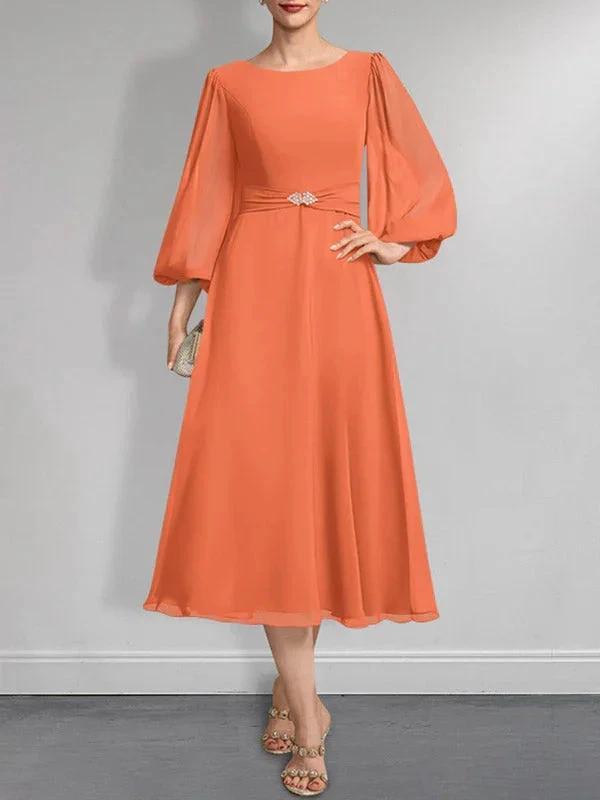 A-line Scoop Tea-Length Chiffon Mother of the Bride Dress With Crystal Brooch Pleated