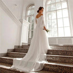 Off the Shoulder Chiffon Boho Wedding Dress 2022 V-Neck Long Lantern Sleeves A-Line Beach Bridal Gowns vestidos de novia