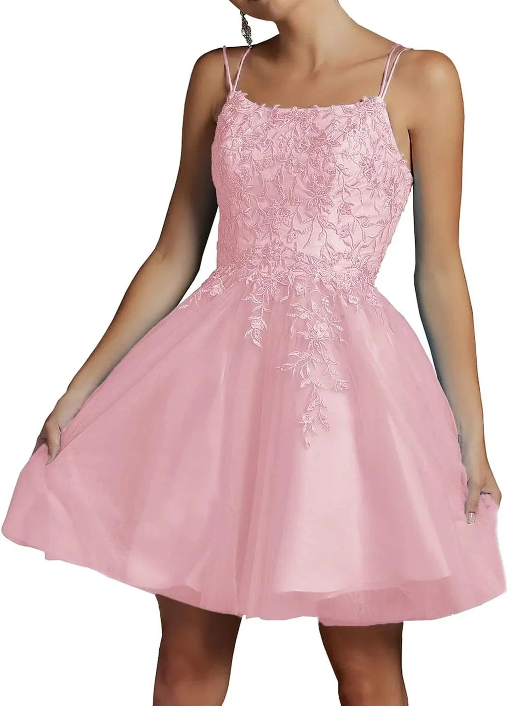 Modest Lace Beaded Tulle Homecoming Dresses Short Square Neck Prom Dress Spaghetti Straps Party Gown