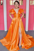 Betsy | Hot Pink V-Neck Ruffle A-Line Long Prom Dress