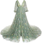 Embroidery Tulle Robe Maternity Dress for Photoshoot Ball Gown Slit Pregnancy Baby Shower Gown