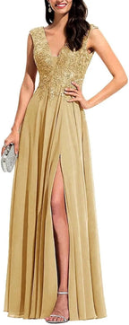 Chiffon Appliques Bridesmaid Dress Long V Neck Beaded Wedding Guest Gown with Split