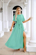 Ladies Chiffon Sleeve Crew Neck Front Slit Floor Length Bridesmaid Evening Dress Wedding Party Evening Dress 28124
