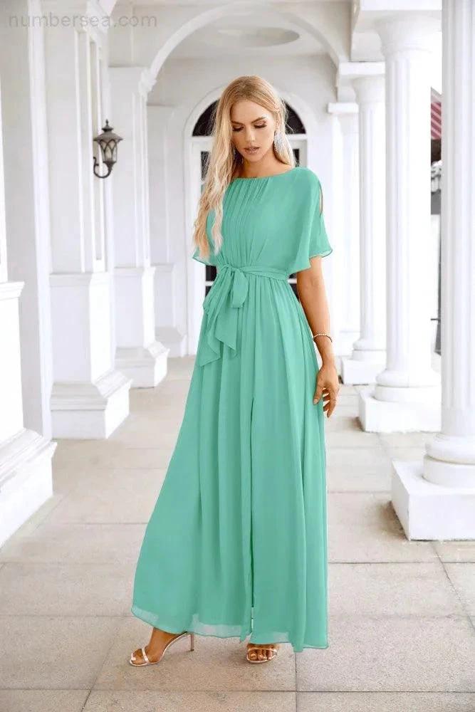 Ladies Chiffon Sleeve Crew Neck Front Slit Floor Length Bridesmaid Evening Dress Wedding Party Evening Dress 28124