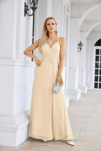 Ladies Chiffon Spaghetti Strap V Neck Front Slit Floor Length Bridesmaid Evening Dress Prom Party Wedding Evening Dress 28116