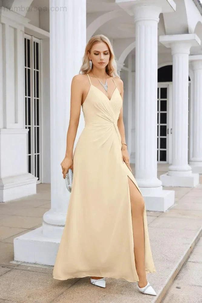 Ladies Chiffon Spaghetti Strap V Neck Front Slit Floor Length Bridesmaid Evening Dress Prom Party Wedding Evening Dress 28116