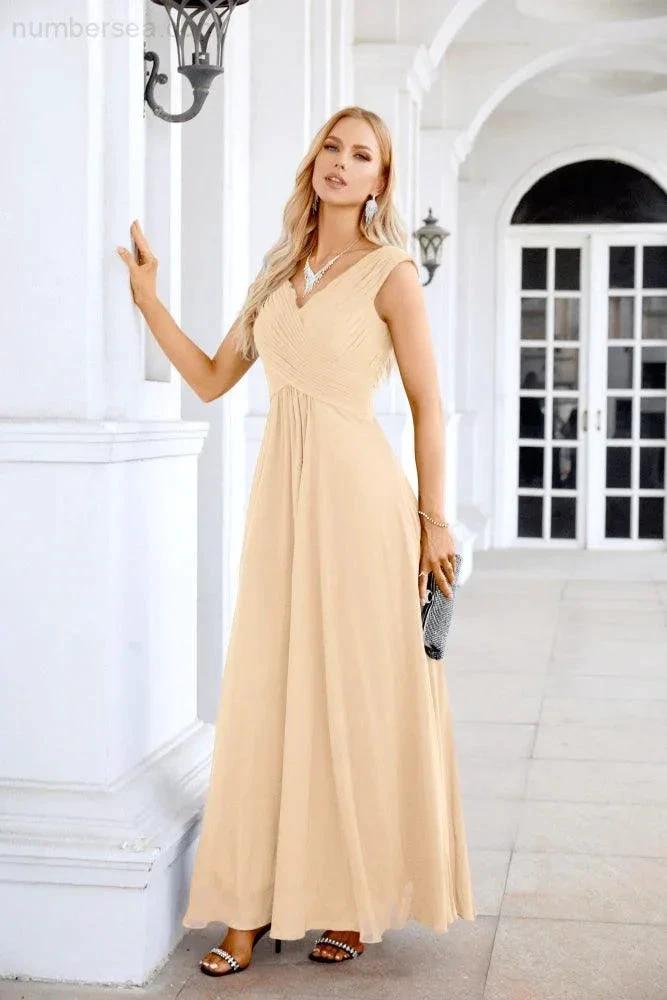 Ladies Chiffon V Neck Sleeveless Floor Length Bridesmaid Evening Dress Wedding Party Evening Dress 28126