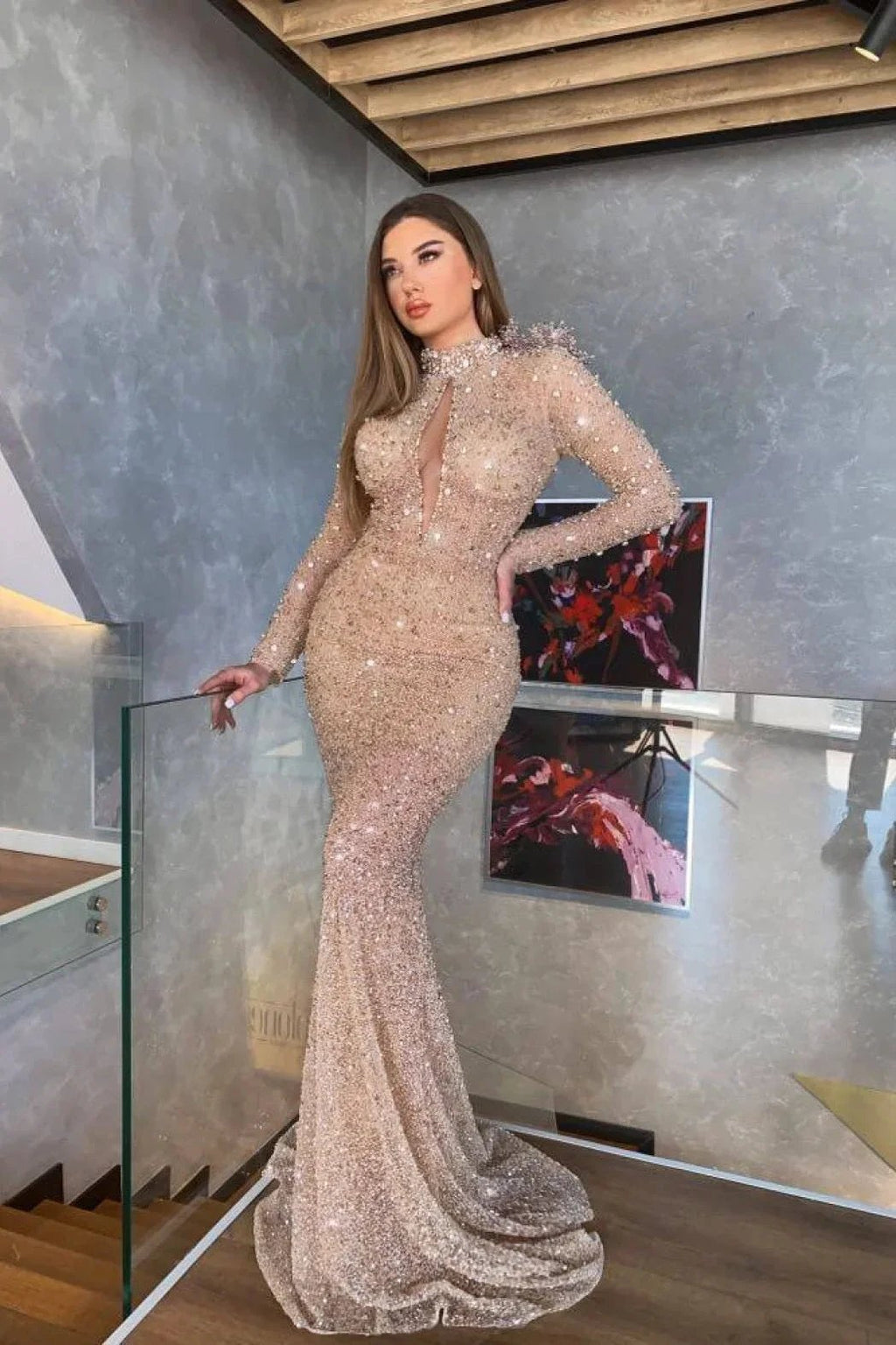 Long Mermaid High Neck Sequins Prom Dress with Sleeves