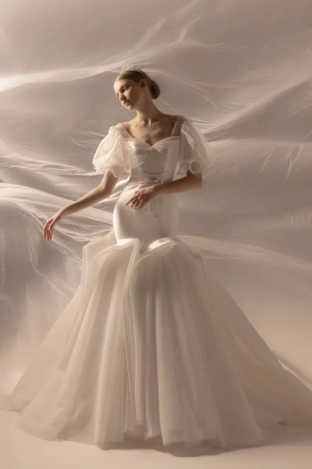 Elegant Mermaid Square Neck Organza Puff Sleeve Satin Wedding Dress with Crystal Trim & Lace-Up Back Q6019