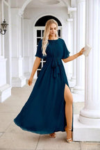 Ladies Chiffon Sleeve Crew Neck Front Slit Floor Length Bridesmaid Evening Dress Wedding Party Evening Dress 28124