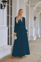 Ladies V Neck Chiffon Long Sleeve Front Slit Bridesmaid Evening Dress Wedding Party Shopping Evening Dress 28109