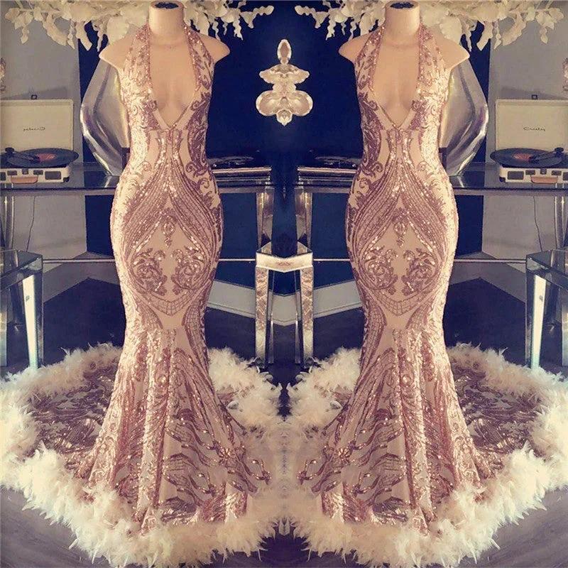 Mermaid Halter Open Back and Feather Detail Long Prom Dress
