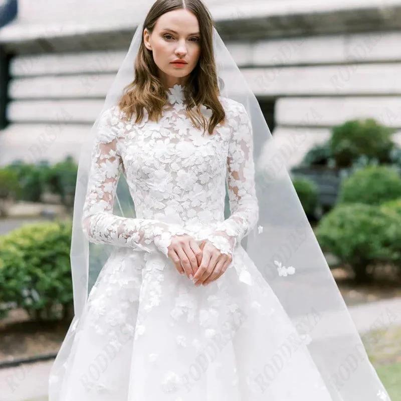 Princess Long Sleeve Wedding Dress For Women Romantic Lace High Neck Bride Party Gorgeous Applique Boho Bridal Gown