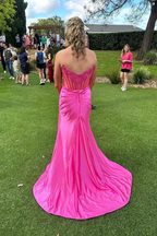 Charming Strapless Burgundy Lace Appliques Long Prom Dress Slit Mermaid Evening Gown Y7883