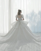 Glittering Ball Gown Deep V-Neck Tulle Wedding Dress with Beaded Embroidery & Puff Sleeves 6021-1