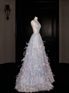 Glamorous V Neck Tulle Beaded Feathers A Line Prom Dress Evening Dress Y8682