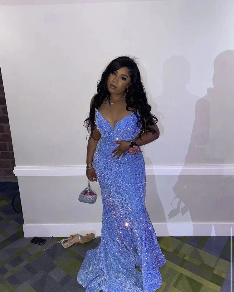 Glitter Blue Sequins Mermaid Evening Dress For Black Girls Y5115