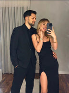 Simple Black Spaghetti Straps Long Evening Dress With Split Y7292