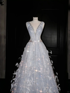 Glamorous V Neck Tulle Beaded Feathers A Line Prom Dress Evening Dress Y8682