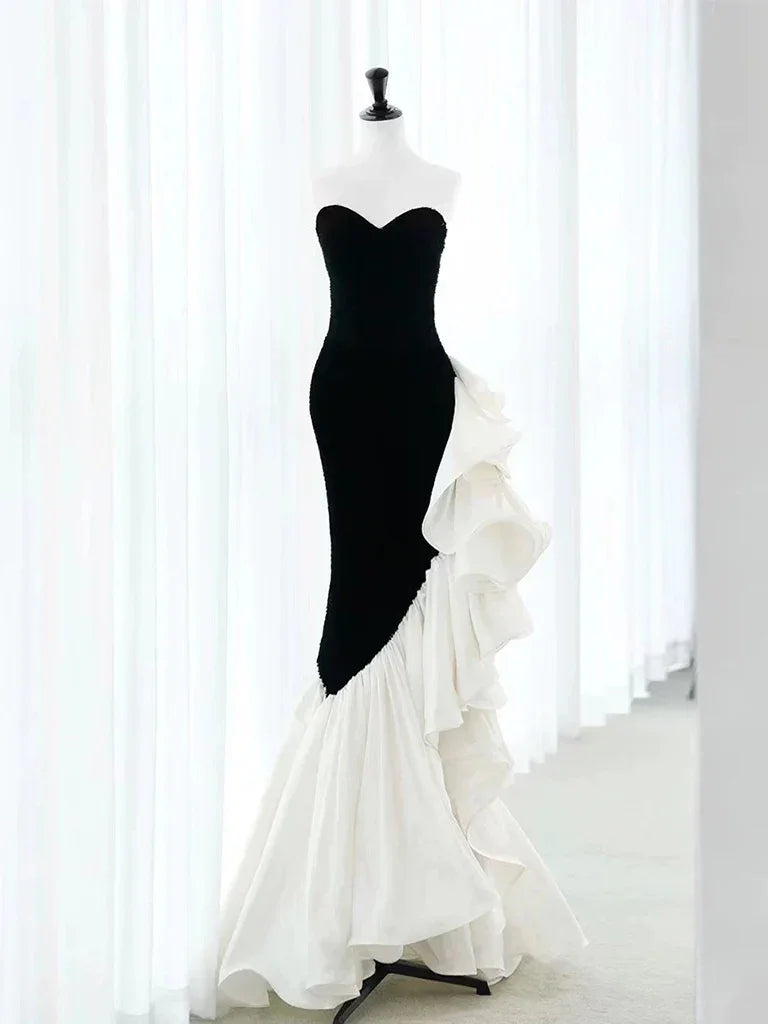 Chic Velvet Black Long Prom Dress Mermaid Pleated Evening Dress Y8048