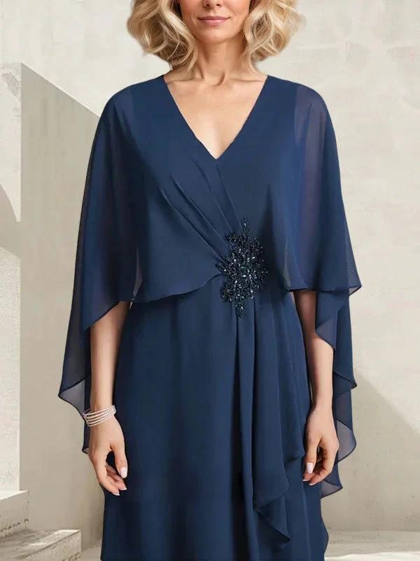 A-line V-Neck Floor-Length Chiffon Mother of the Bride Dress With Cascading Ruffles Beading
