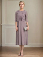 A-line Scoop Tea-Length Chiffon Mother of the Bride Dress With Pleated