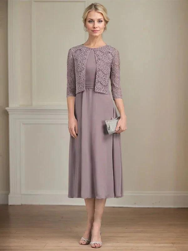A-line Scoop Tea-Length Chiffon Mother of the Bride Dress With Pleated