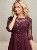 A-line Scoop Illusion Asymmetrical Lace Chiffon Mother of the Bride Dress With Pleated Sequins