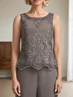 Separates Jumpsuit/Pantsuit Scoop Floor-Length Chiffon Lace Mother of the Bride Dress With Beading Sequins