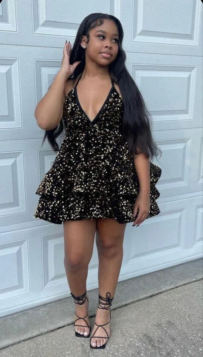 Sparkly Halter Sequin Cocktail dresses 2025 Tiered Homecoming Dresses Y4201