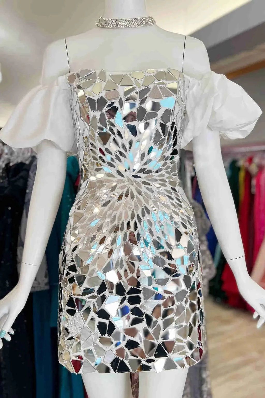 Off the Shoulder Silver Cut Glass Mirror Homecoming Dress Y1919