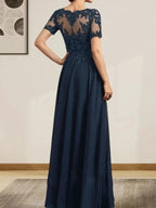 A-line Scoop Illusion Floor-Length Chiffon Lace Mother of the Bride Dress With Sequins Beading