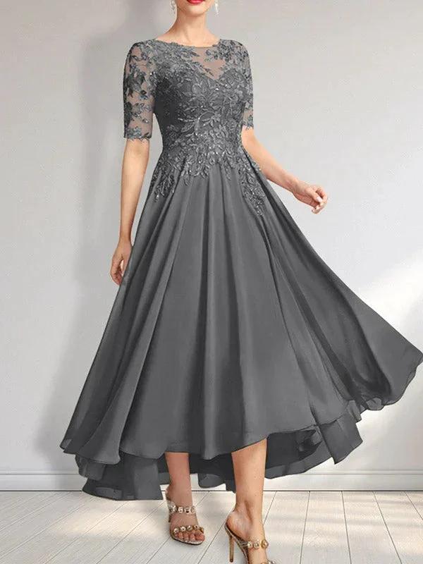 A-line Scoop Illusion Asymmetrical Chiffon Lace Mother of the Bride Dress With Sequins