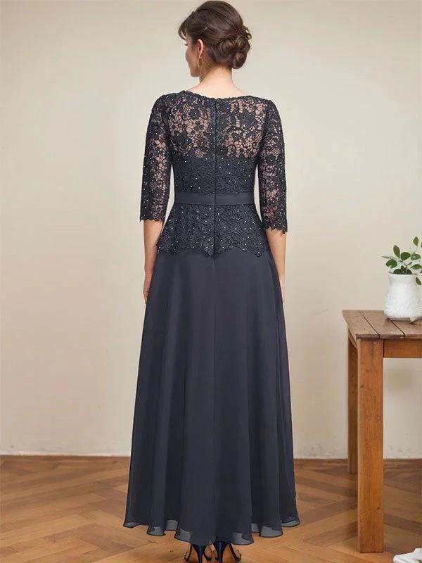 A-line Scoop Illusion Ankle-Length Chiffon Lace Mother of the Bride Dress With Rhinestone Beading