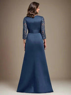 A-Line Scoop Floor-Length Lace Satin Mother Of the Bride Dress With Applique