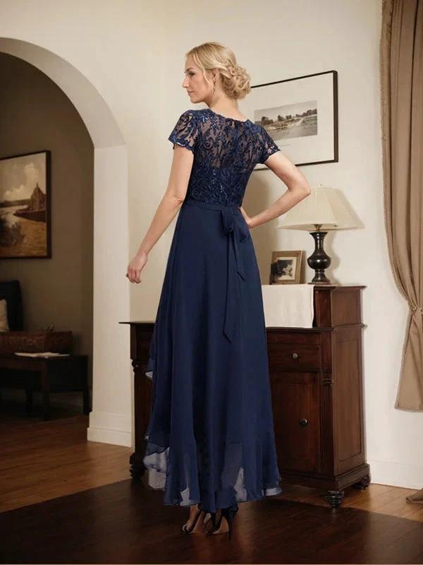 A-line Scoop Illusion Asymmetrical Chiffon Lace Mother of the Bride Dress With Bow Ruffle Sequins
